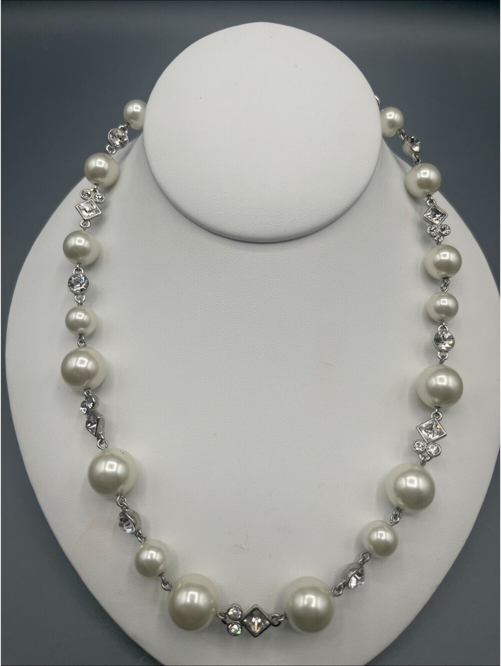Givenchy Faux Pearl Crystal Necklace Silver Tone Signed 18” Statement